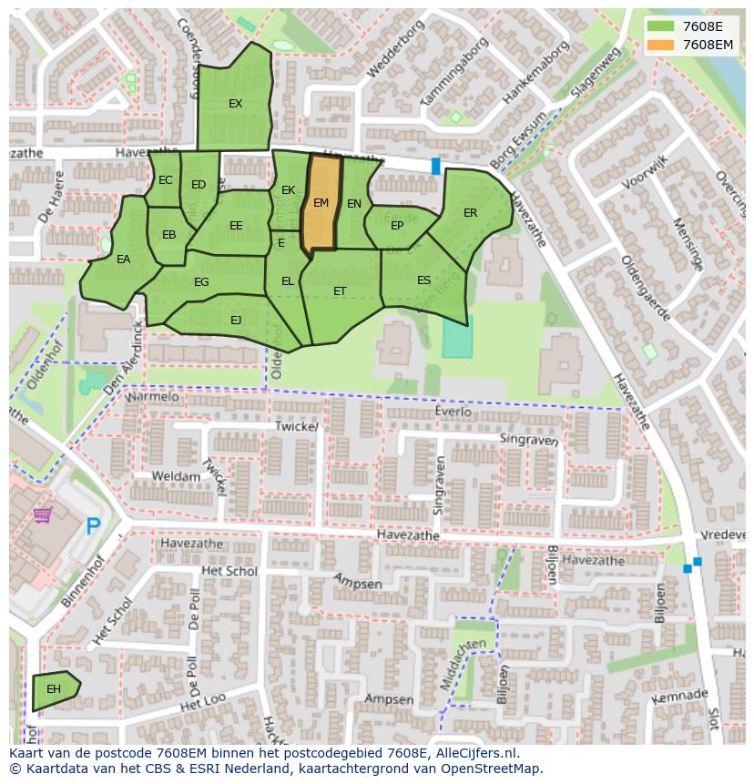 Afbeelding van het postcodegebied 7608 EM op de kaart.