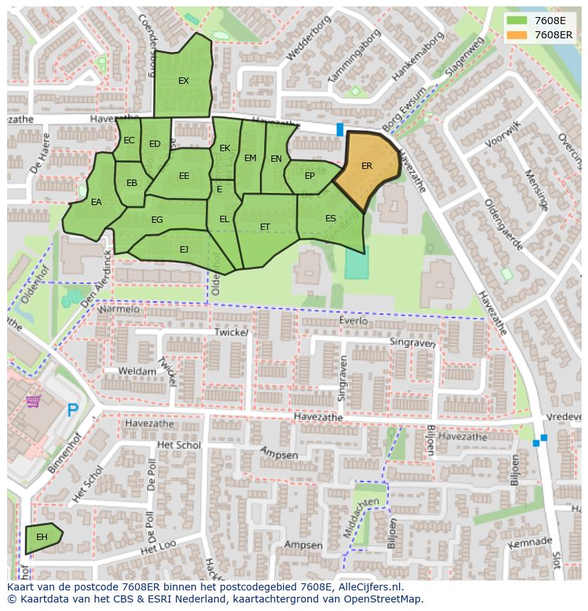 Afbeelding van het postcodegebied 7608 ER op de kaart.