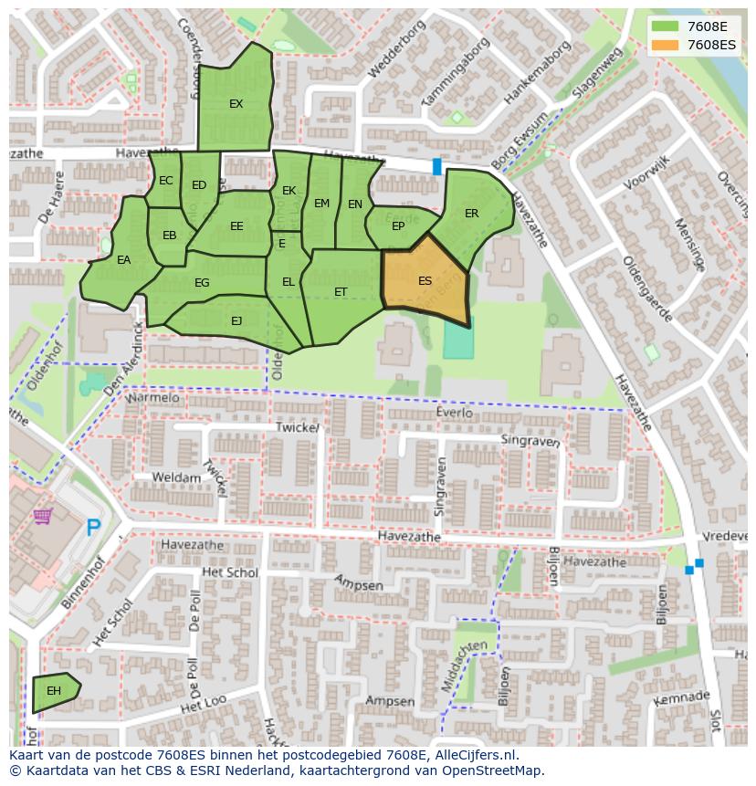 Afbeelding van het postcodegebied 7608 ES op de kaart.