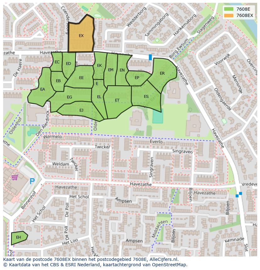 Afbeelding van het postcodegebied 7608 EX op de kaart.