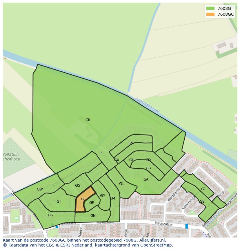 Afbeelding van het postcodegebied 7608 GC op de kaart.