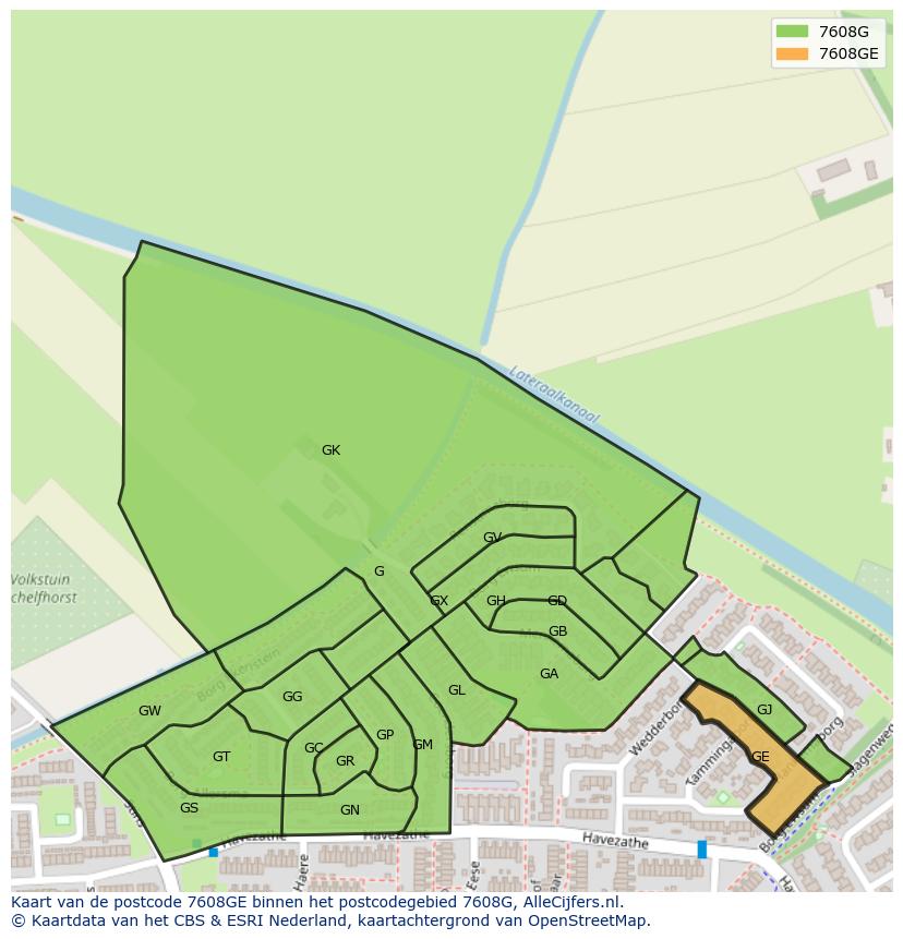 Afbeelding van het postcodegebied 7608 GE op de kaart.