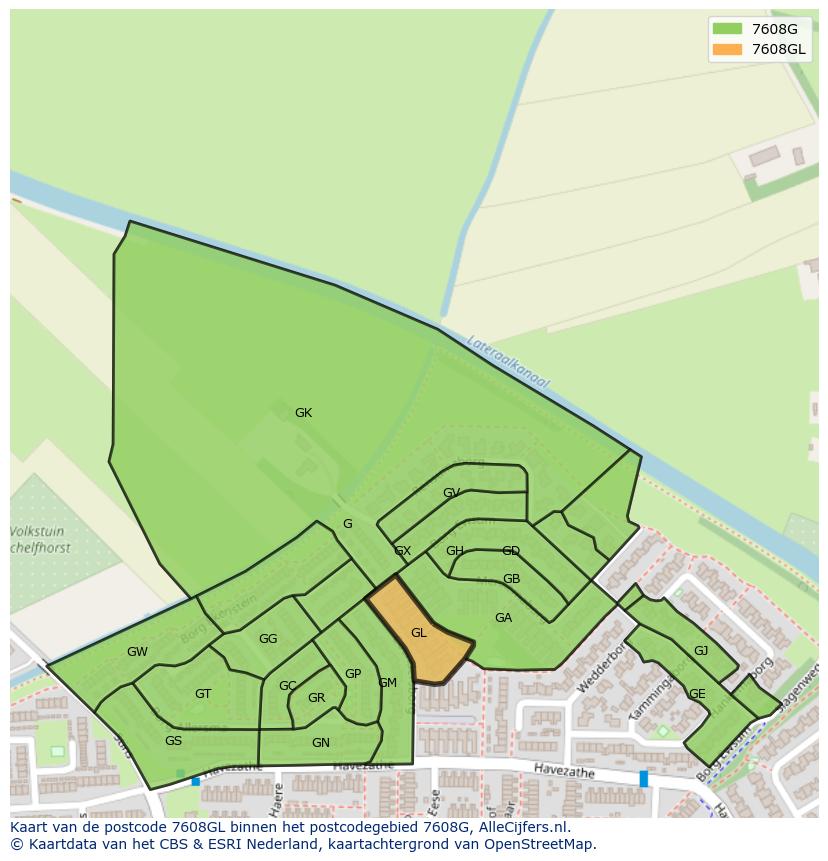Afbeelding van het postcodegebied 7608 GL op de kaart.