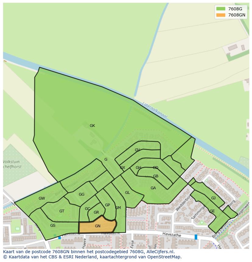 Afbeelding van het postcodegebied 7608 GN op de kaart.