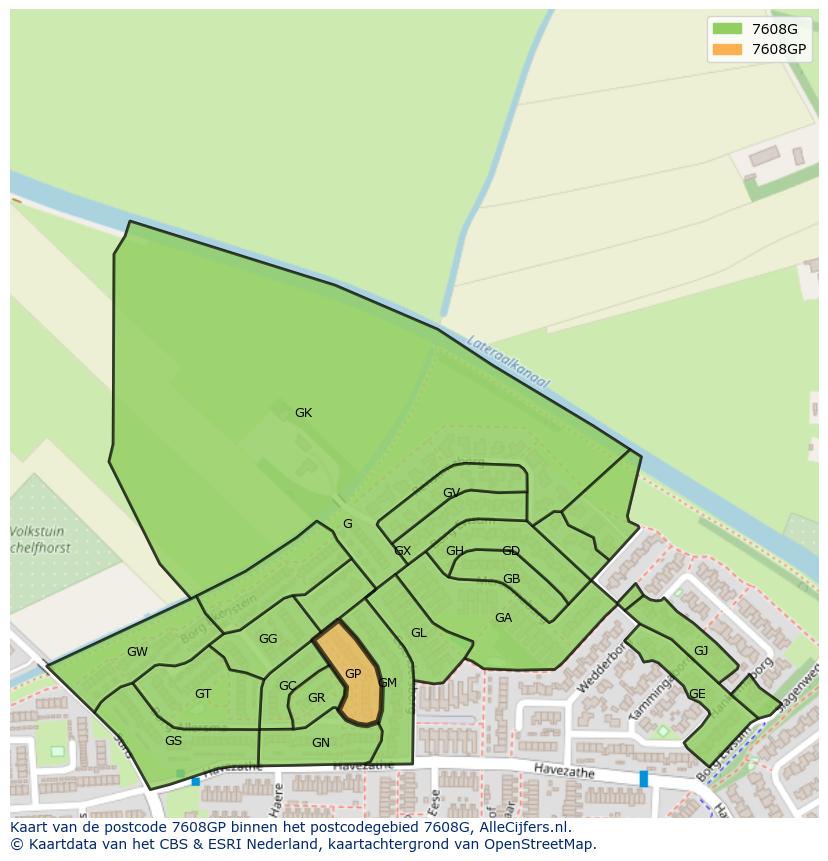 Afbeelding van het postcodegebied 7608 GP op de kaart.