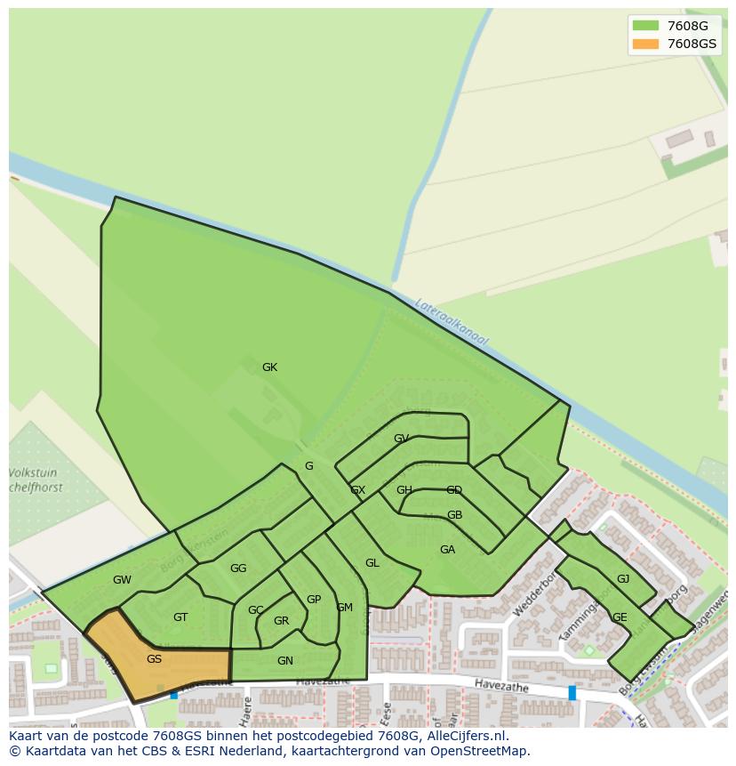 Afbeelding van het postcodegebied 7608 GS op de kaart.