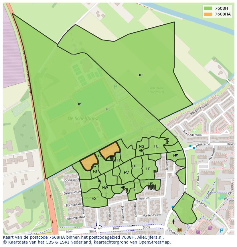 Afbeelding van het postcodegebied 7608 HA op de kaart.