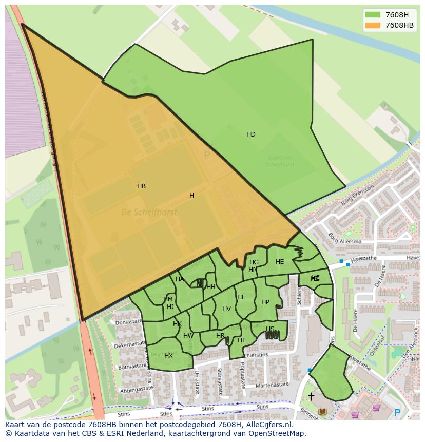 Afbeelding van het postcodegebied 7608 HB op de kaart.