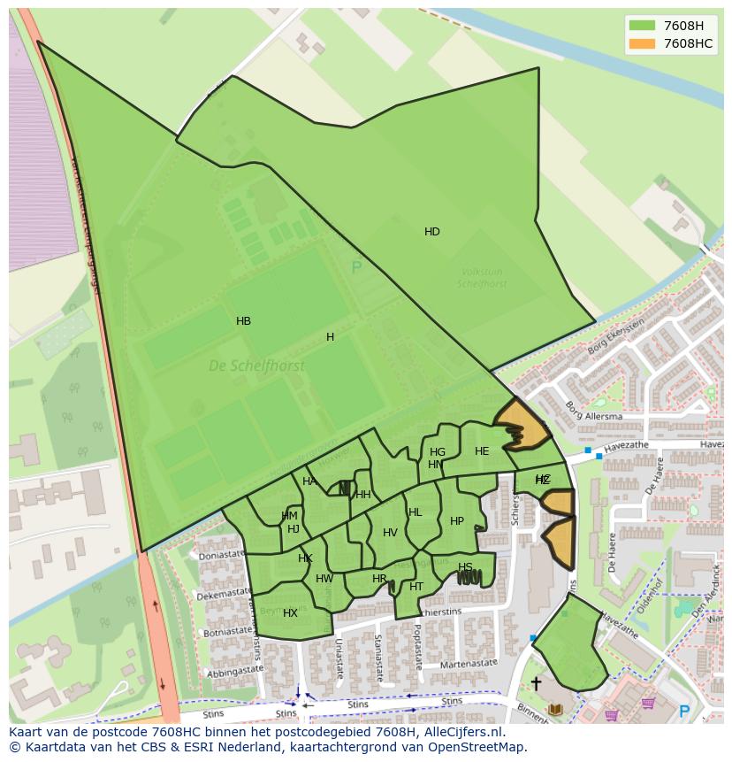 Afbeelding van het postcodegebied 7608 HC op de kaart.