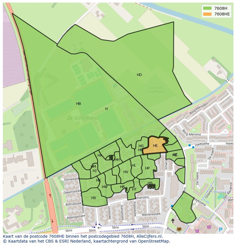 Afbeelding van het postcodegebied 7608 HE op de kaart.