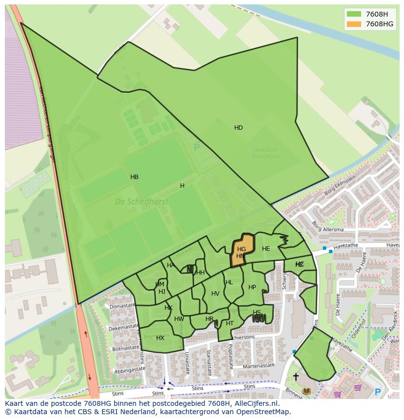 Afbeelding van het postcodegebied 7608 HG op de kaart.