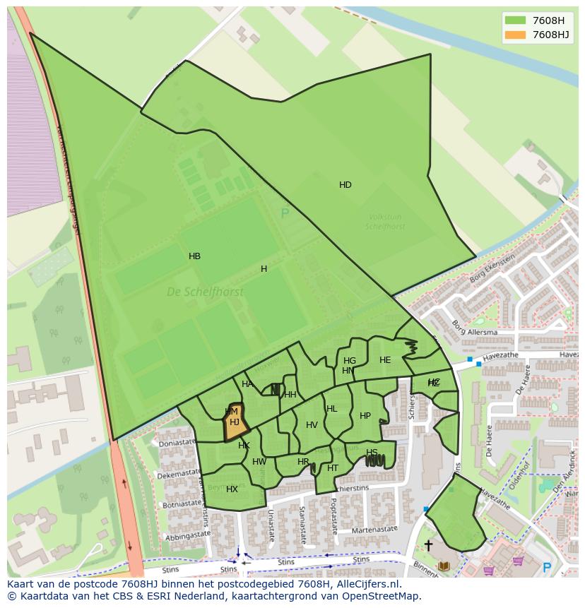 Afbeelding van het postcodegebied 7608 HJ op de kaart.