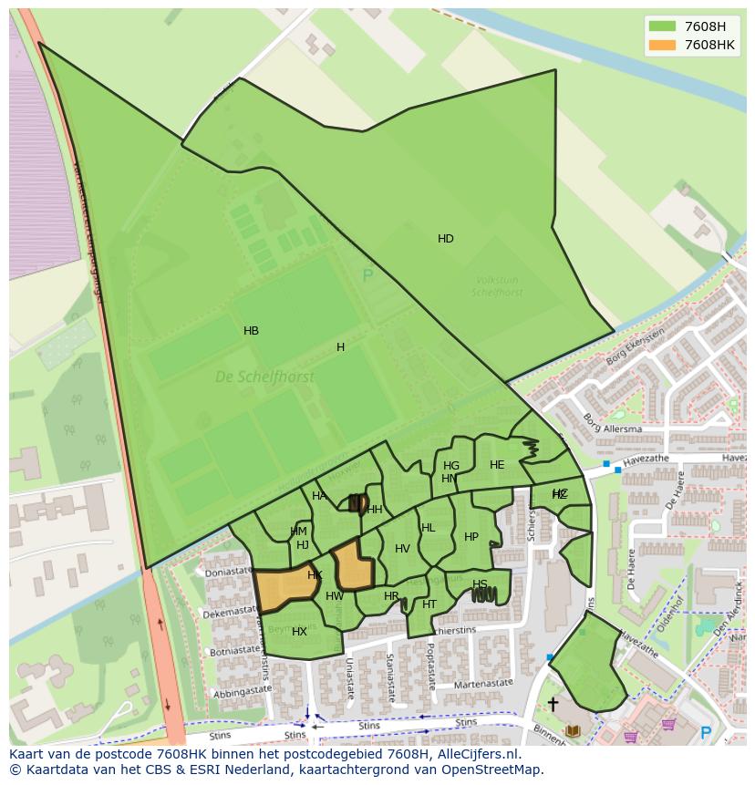Afbeelding van het postcodegebied 7608 HK op de kaart.