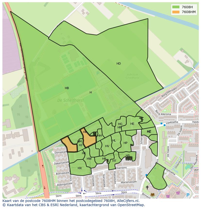 Afbeelding van het postcodegebied 7608 HM op de kaart.