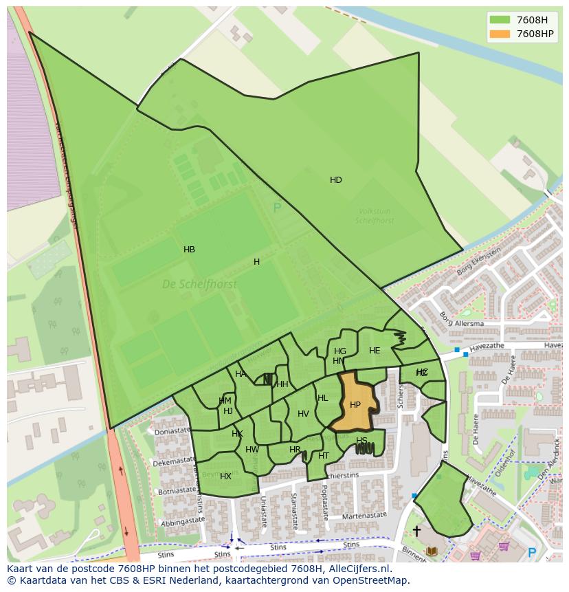 Afbeelding van het postcodegebied 7608 HP op de kaart.