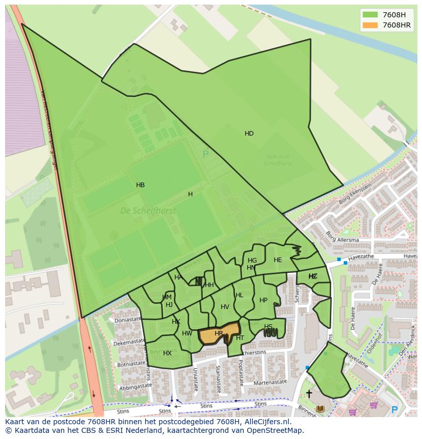 Afbeelding van het postcodegebied 7608 HR op de kaart.