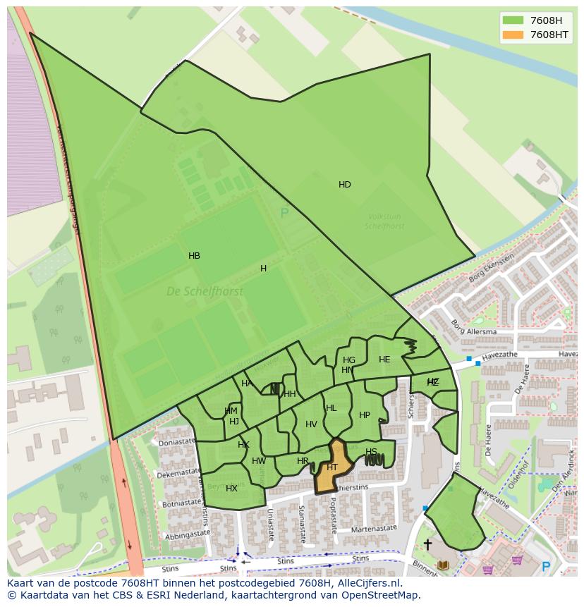 Afbeelding van het postcodegebied 7608 HT op de kaart.
