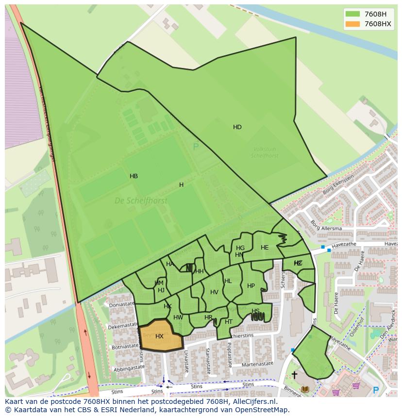 Afbeelding van het postcodegebied 7608 HX op de kaart.