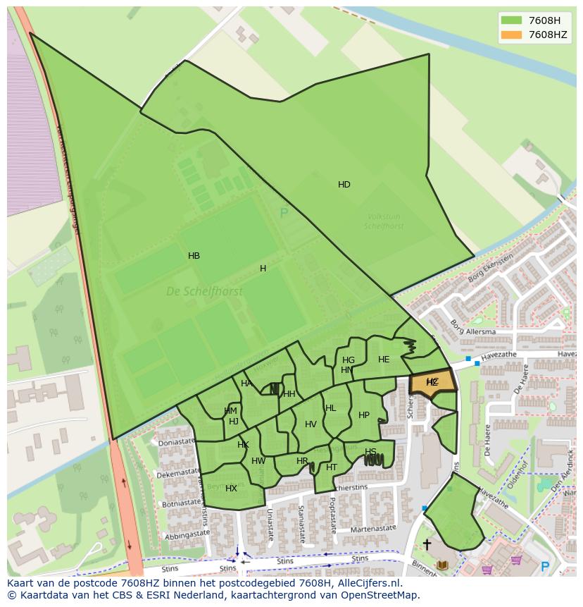 Afbeelding van het postcodegebied 7608 HZ op de kaart.