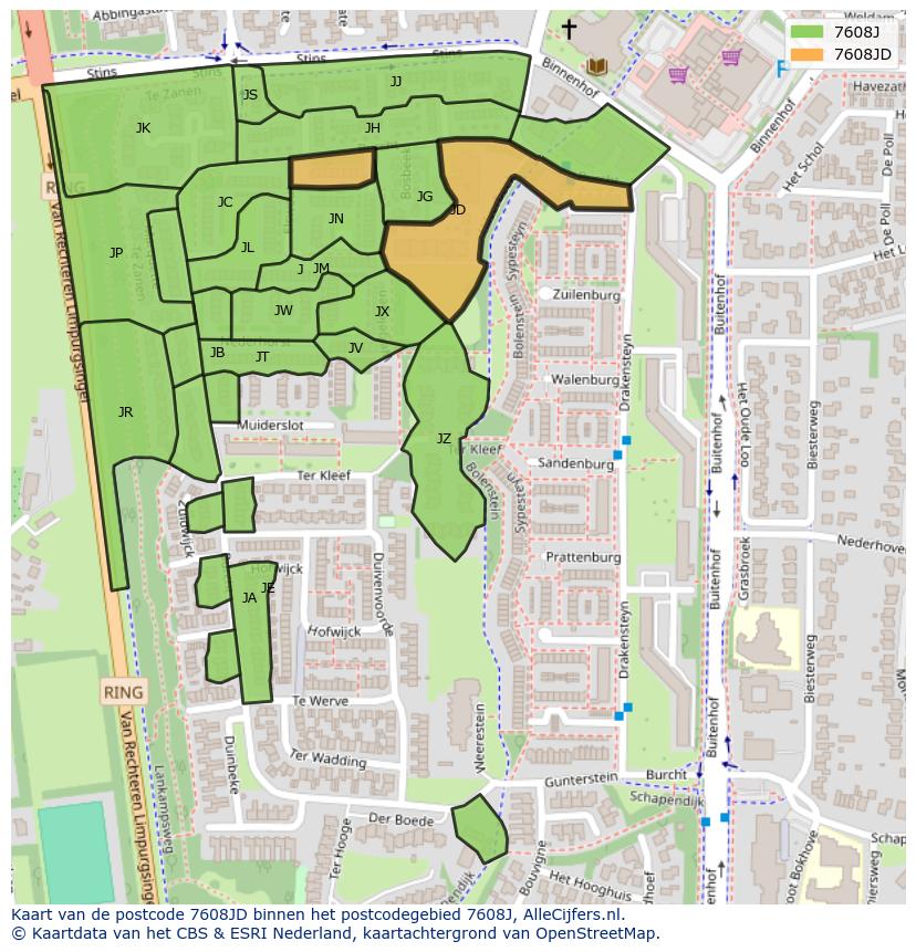 Afbeelding van het postcodegebied 7608 JD op de kaart.