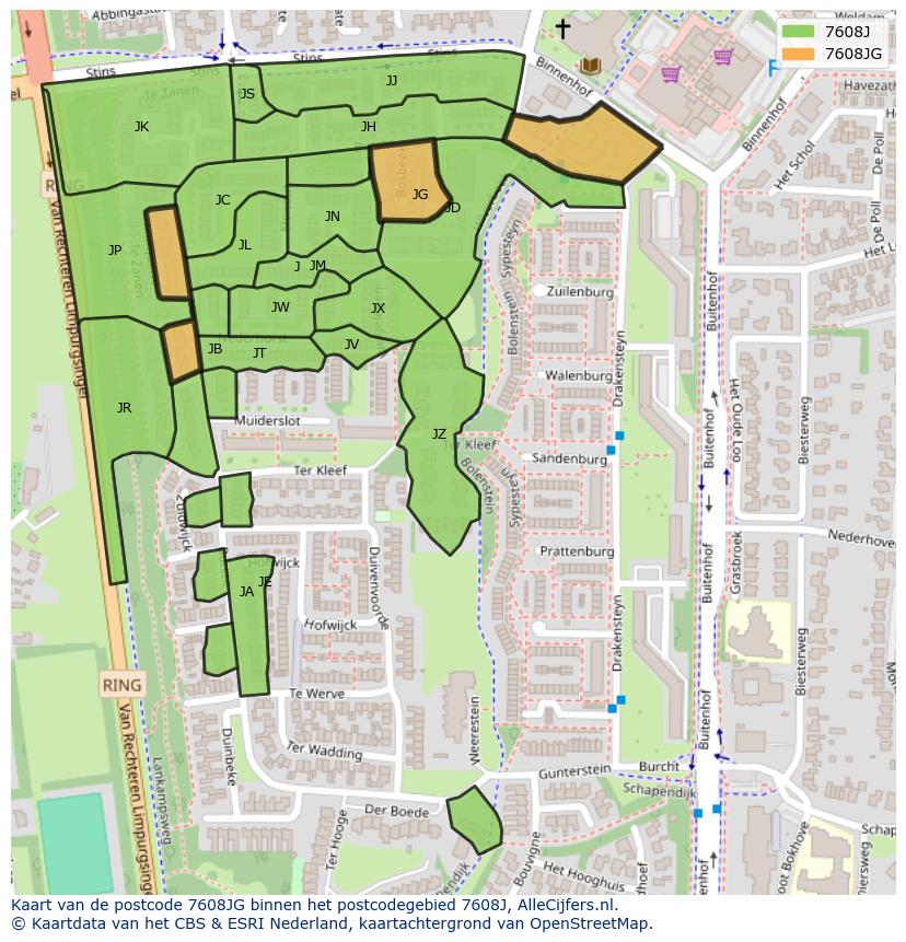 Afbeelding van het postcodegebied 7608 JG op de kaart.