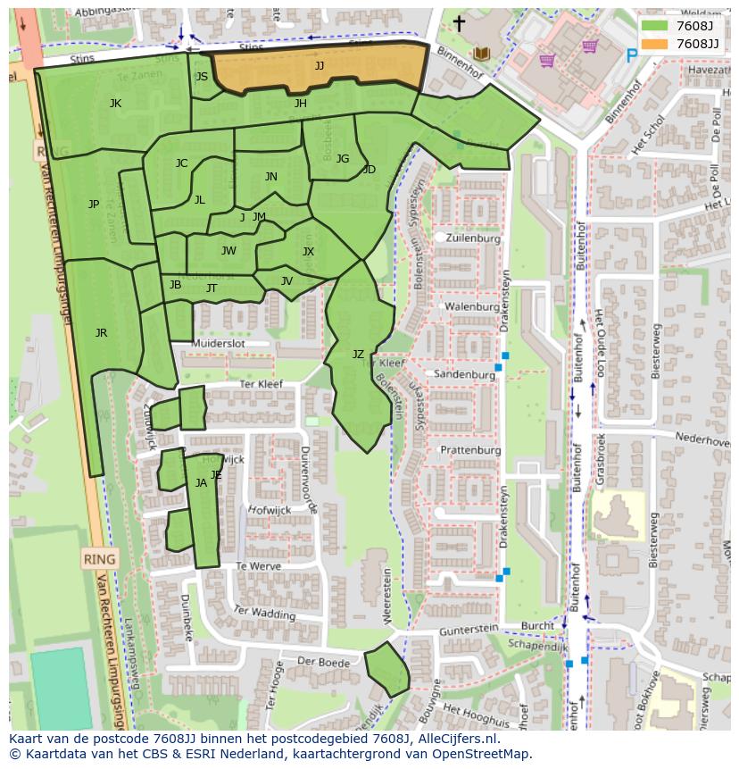 Afbeelding van het postcodegebied 7608 JJ op de kaart.