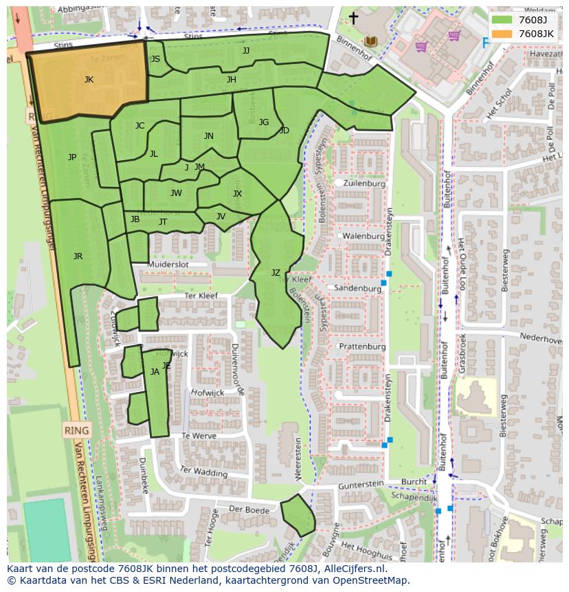 Afbeelding van het postcodegebied 7608 JK op de kaart.