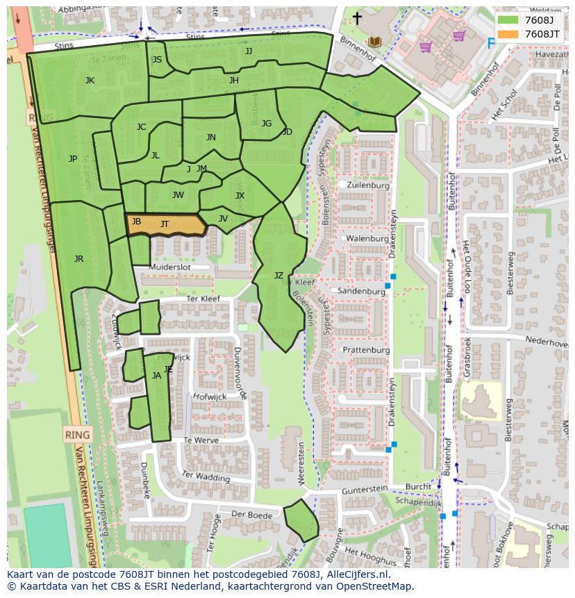 Afbeelding van het postcodegebied 7608 JT op de kaart.
