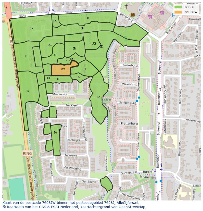 Afbeelding van het postcodegebied 7608 JW op de kaart.