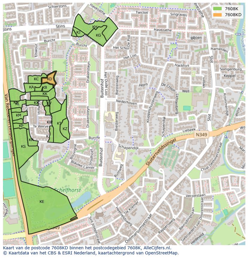 Afbeelding van het postcodegebied 7608 KD op de kaart.