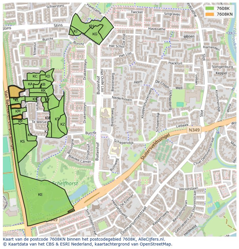 Afbeelding van het postcodegebied 7608 KN op de kaart.