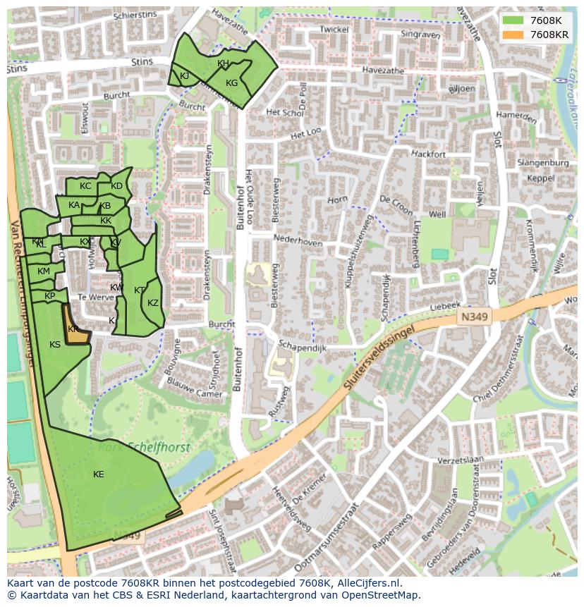 Afbeelding van het postcodegebied 7608 KR op de kaart.