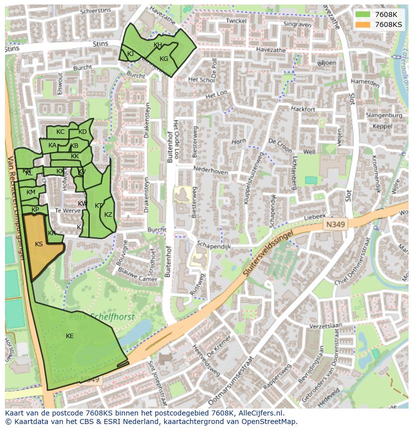 Afbeelding van het postcodegebied 7608 KS op de kaart.
