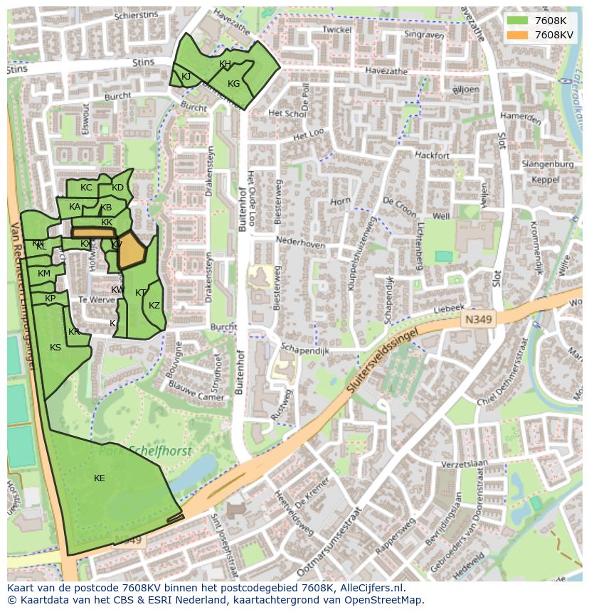 Afbeelding van het postcodegebied 7608 KV op de kaart.