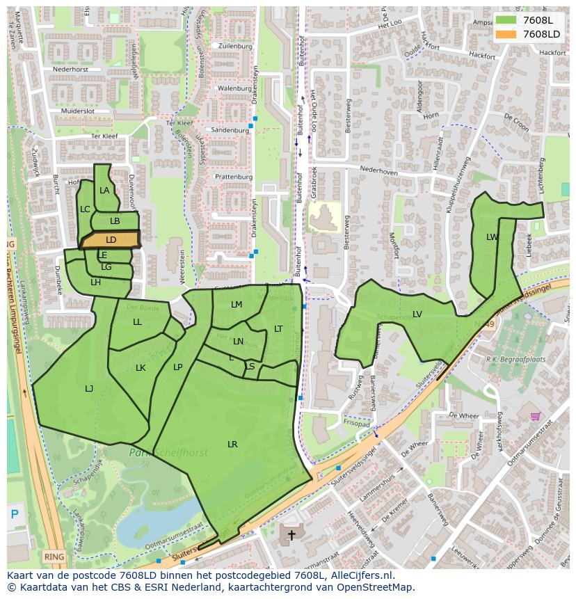 Afbeelding van het postcodegebied 7608 LD op de kaart.