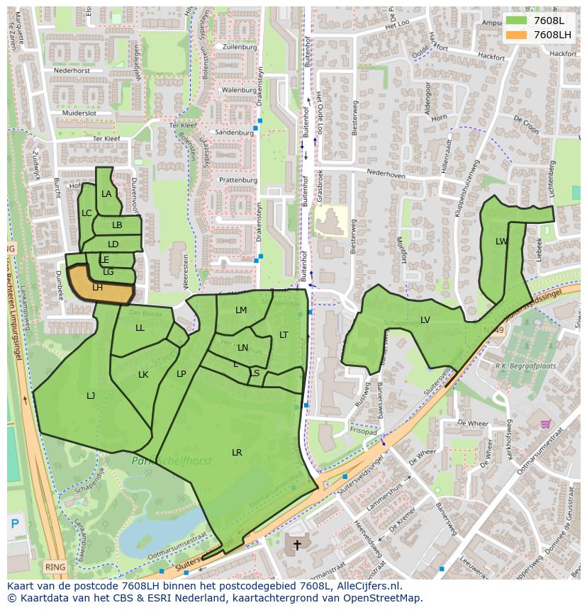 Afbeelding van het postcodegebied 7608 LH op de kaart.