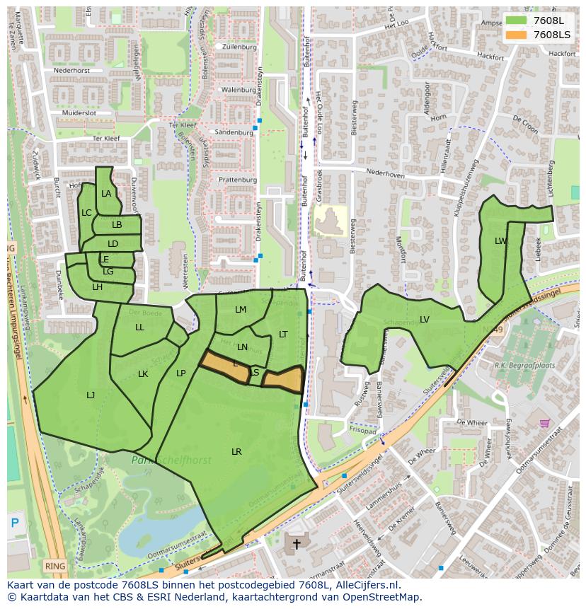 Afbeelding van het postcodegebied 7608 LS op de kaart.
