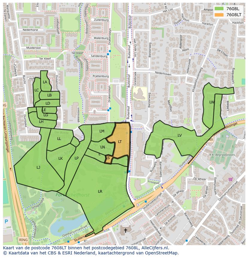 Afbeelding van het postcodegebied 7608 LT op de kaart.