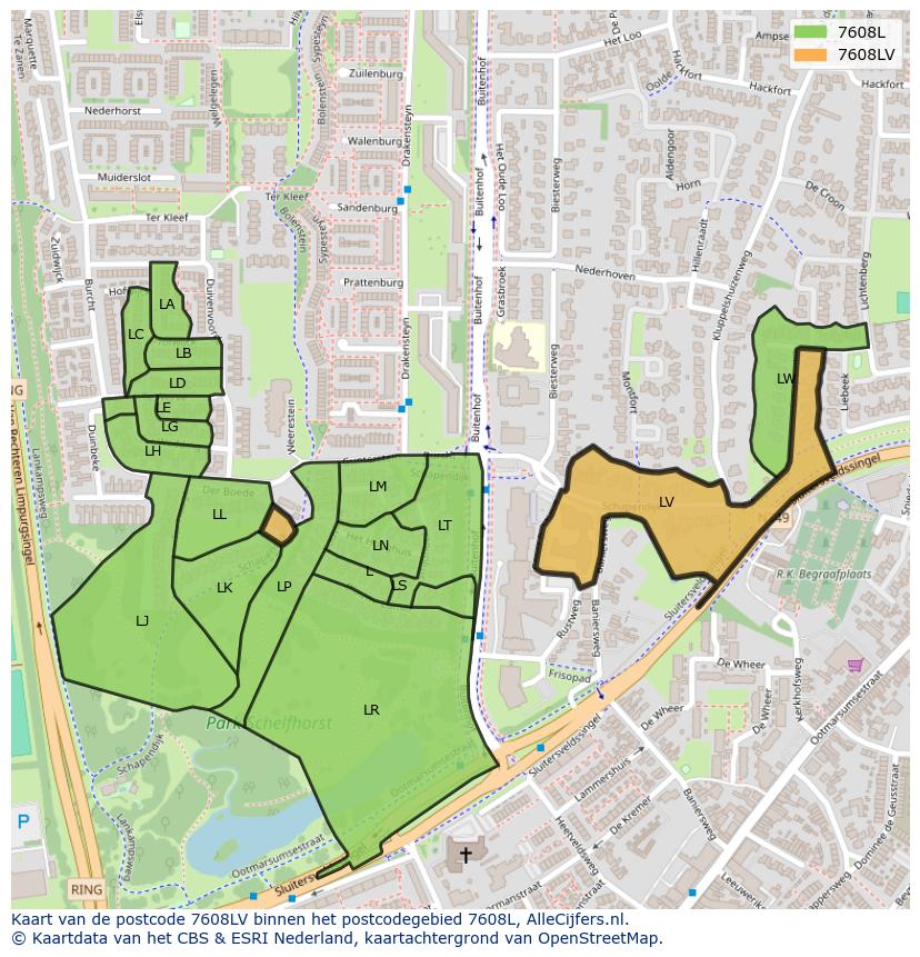 Afbeelding van het postcodegebied 7608 LV op de kaart.