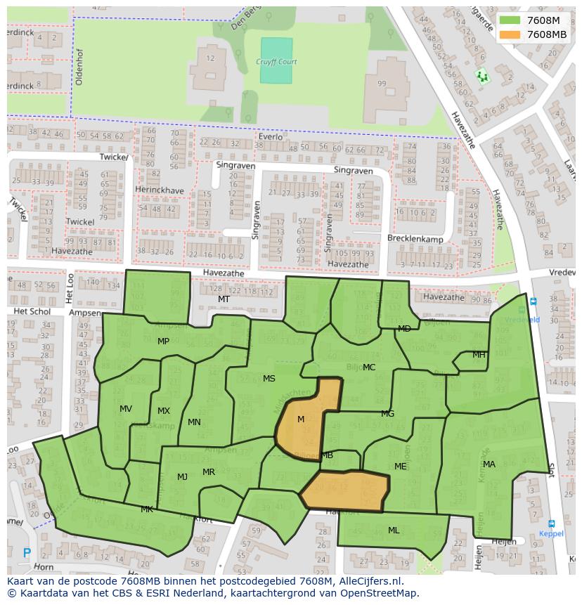 Afbeelding van het postcodegebied 7608 MB op de kaart.