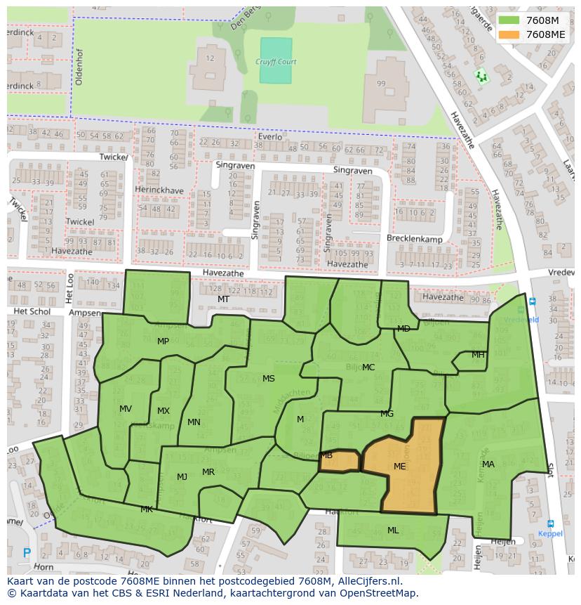 Afbeelding van het postcodegebied 7608 ME op de kaart.