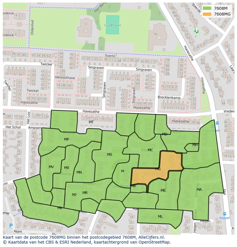 Afbeelding van het postcodegebied 7608 MG op de kaart.