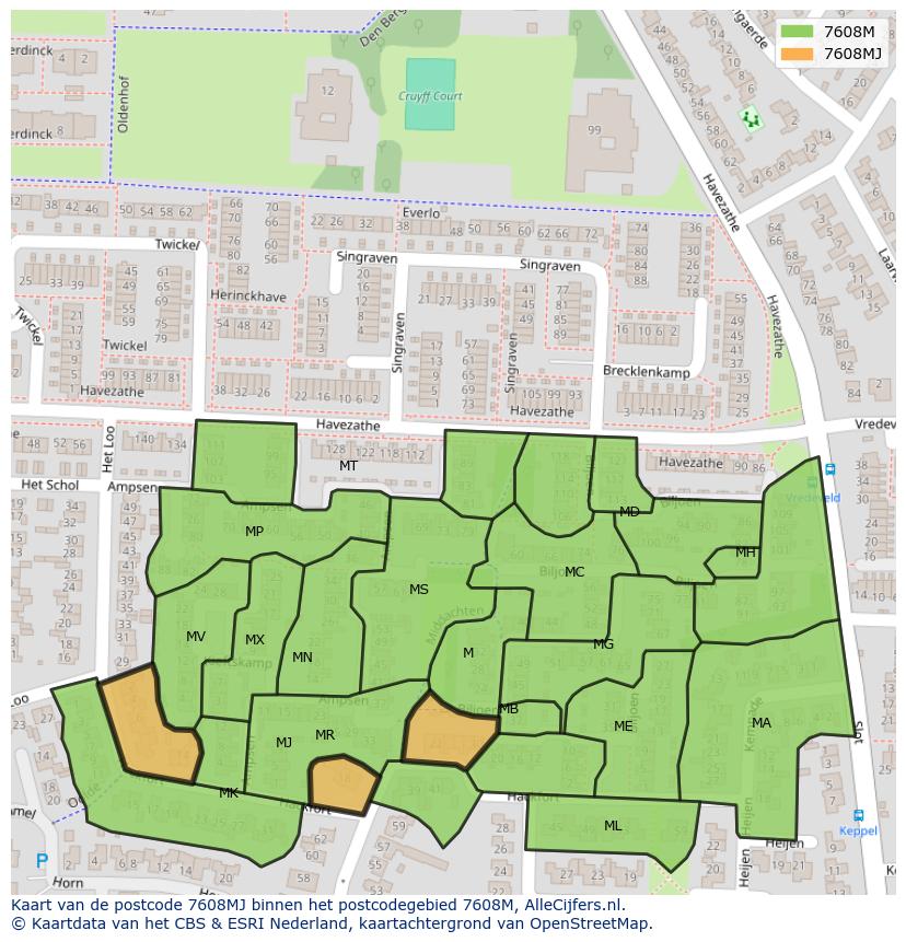 Afbeelding van het postcodegebied 7608 MJ op de kaart.