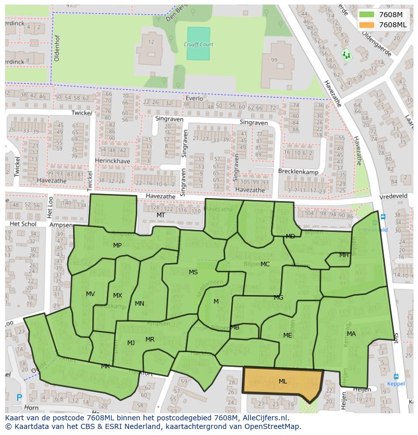 Afbeelding van het postcodegebied 7608 ML op de kaart.