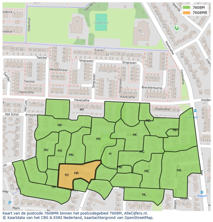 Afbeelding van het postcodegebied 7608 MR op de kaart.