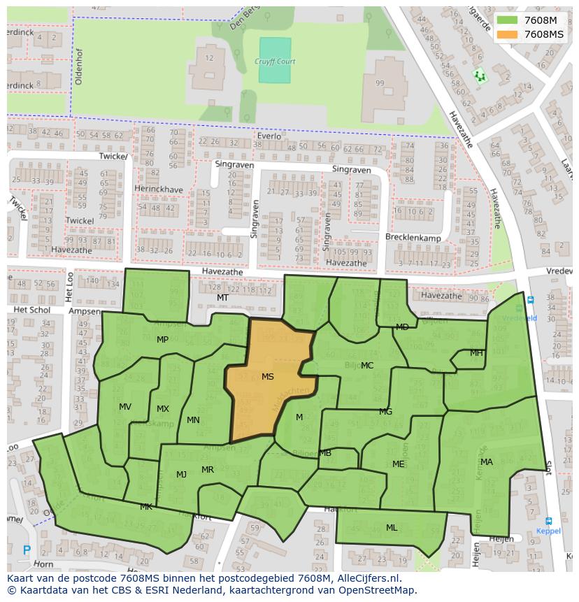 Afbeelding van het postcodegebied 7608 MS op de kaart.