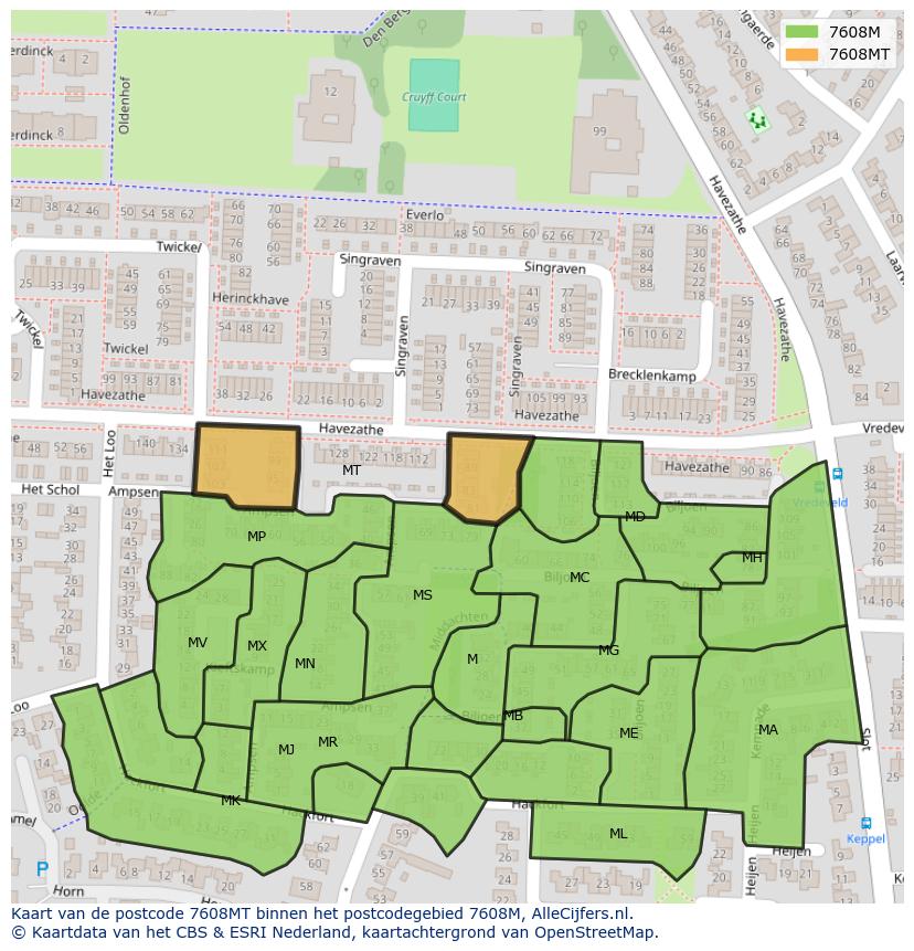 Afbeelding van het postcodegebied 7608 MT op de kaart.