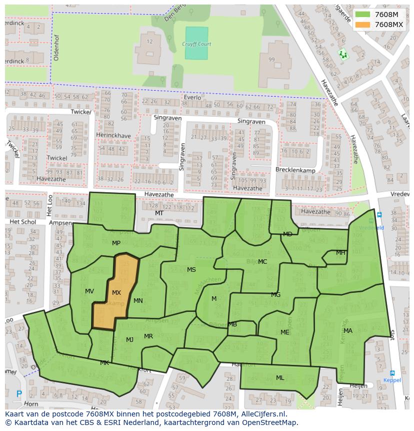 Afbeelding van het postcodegebied 7608 MX op de kaart.