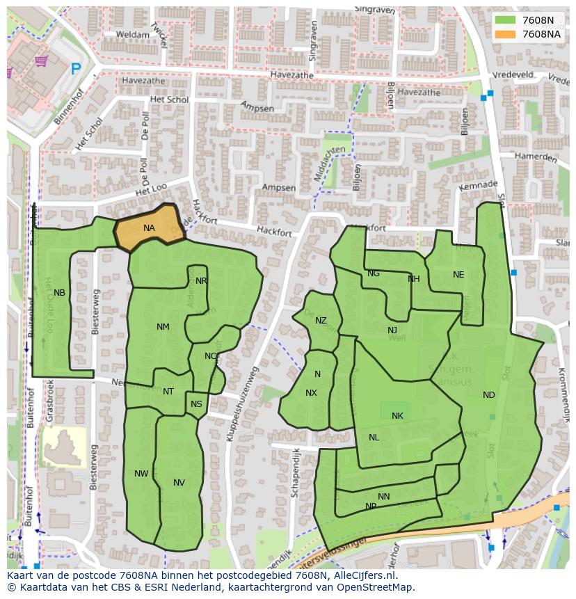 Afbeelding van het postcodegebied 7608 NA op de kaart.