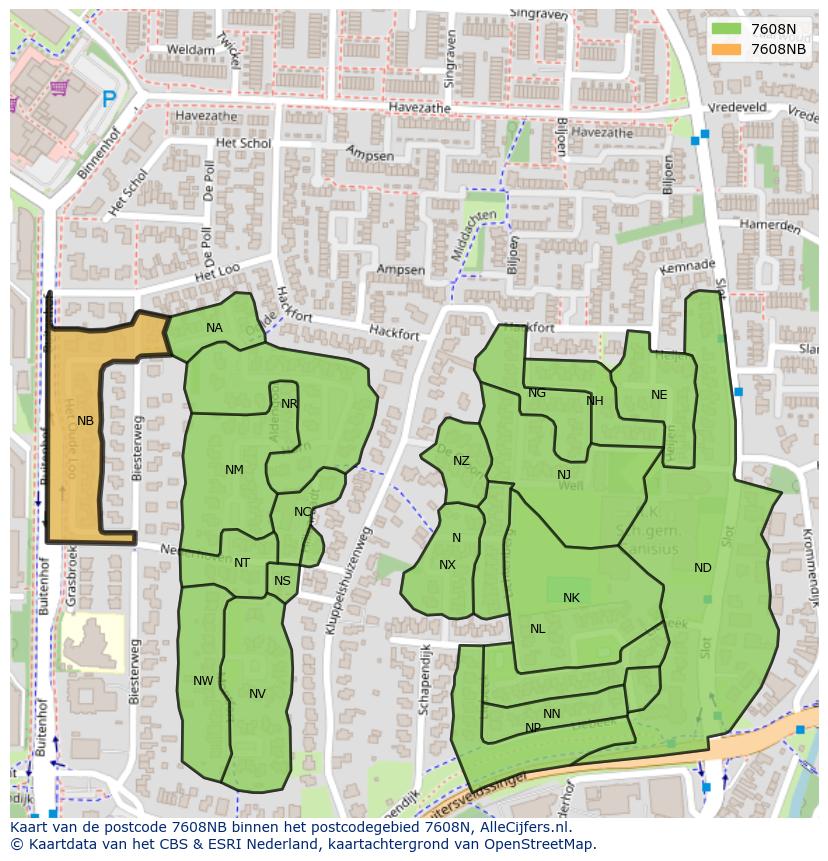 Afbeelding van het postcodegebied 7608 NB op de kaart.